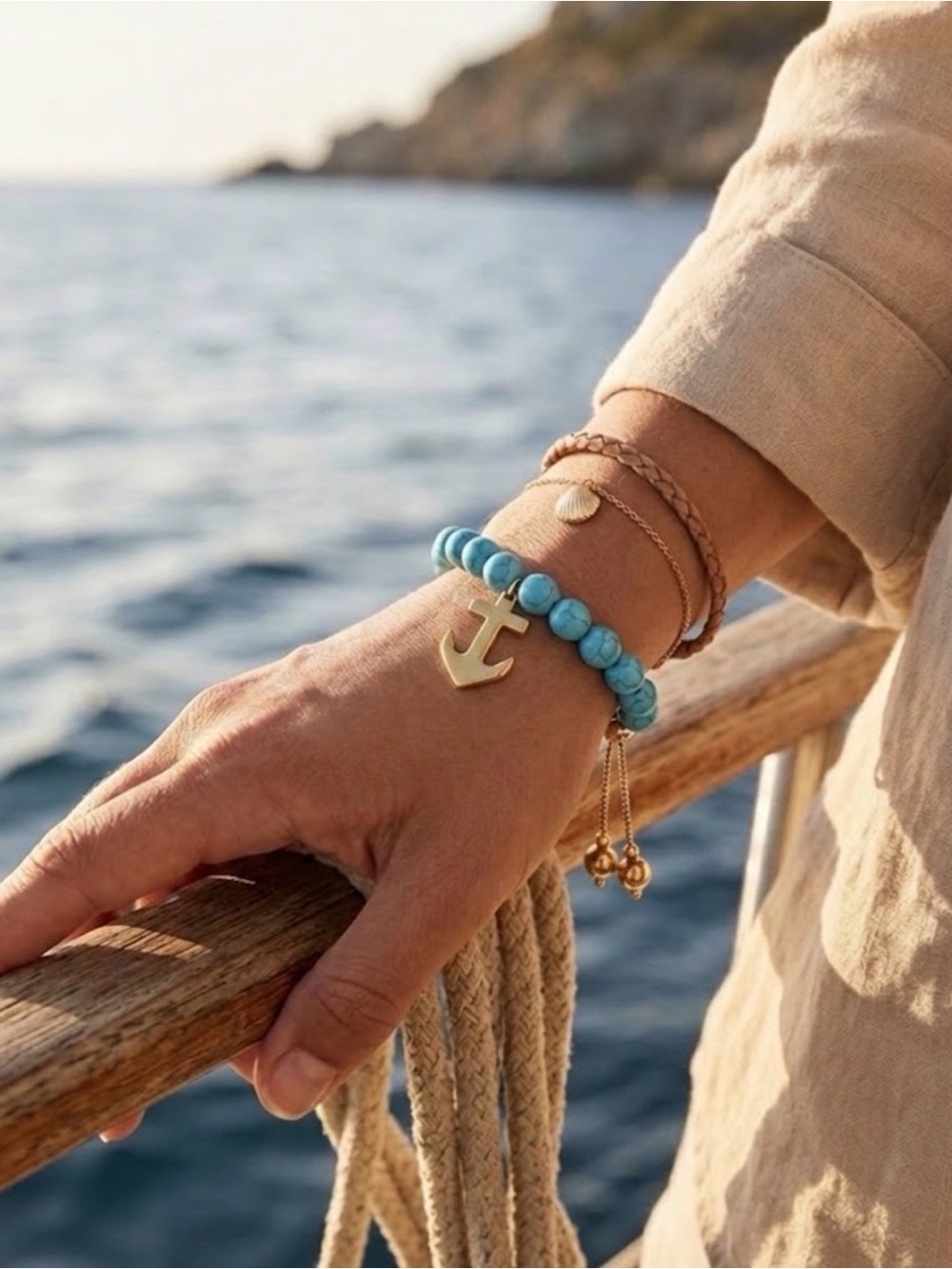 Turquoise Howlite Beaded Bracelet with Adjustable Anchor Charm - Adjustable